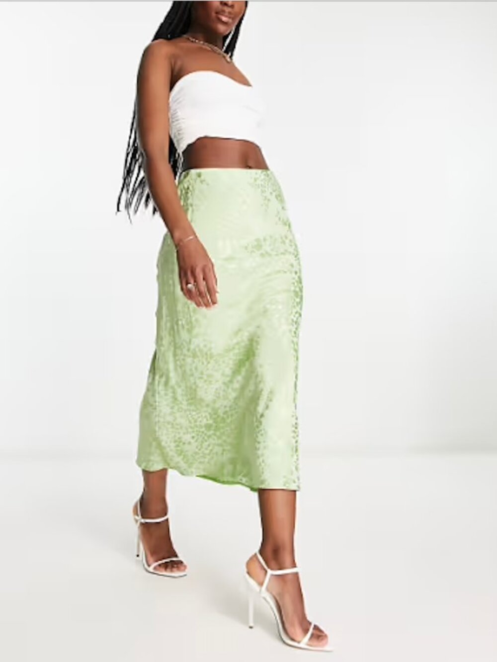 Light Lime Green Shimmery Satin Jacquard Floral Pattern Midi Skirt